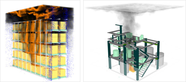 Fire protection reliability modeling of a rack warehouse (left) and process area (right)